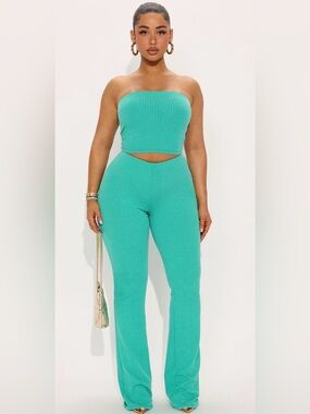Fashion Nova Ribbed Strapless Wide Leg Jumpsuit in Teal Green